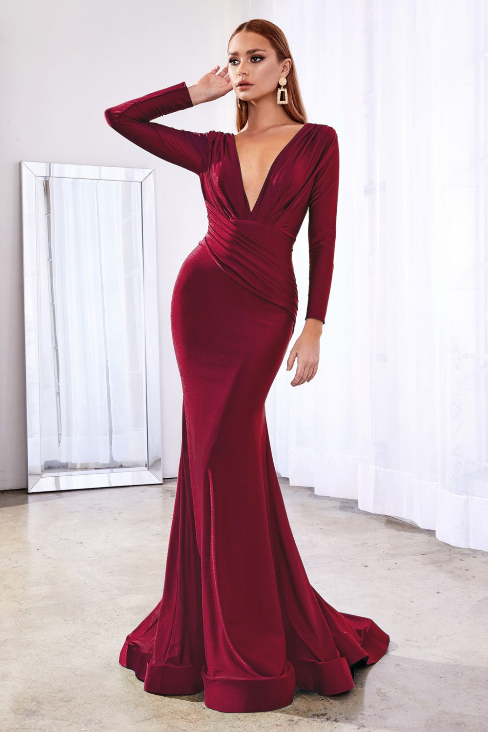 Fitted Stretch Jersey Ball Gown Wrapped Bodice with Deep V- Neckline Classic Sophisticated Silhouette Modest Long Sleeves CDCD0168 Sale-2