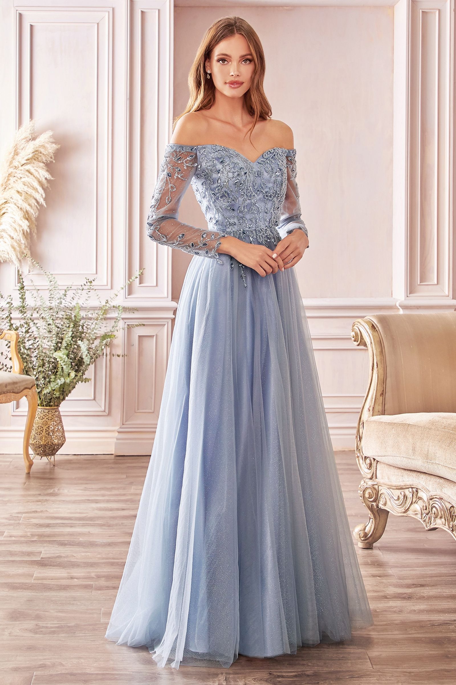 Off The Shoulder A-line Sheer Floral Sleeves Sweetheart Neck Bodice Sequin Appliqué Vintage Prom & Bridesmaid Dress CDCD0172-8