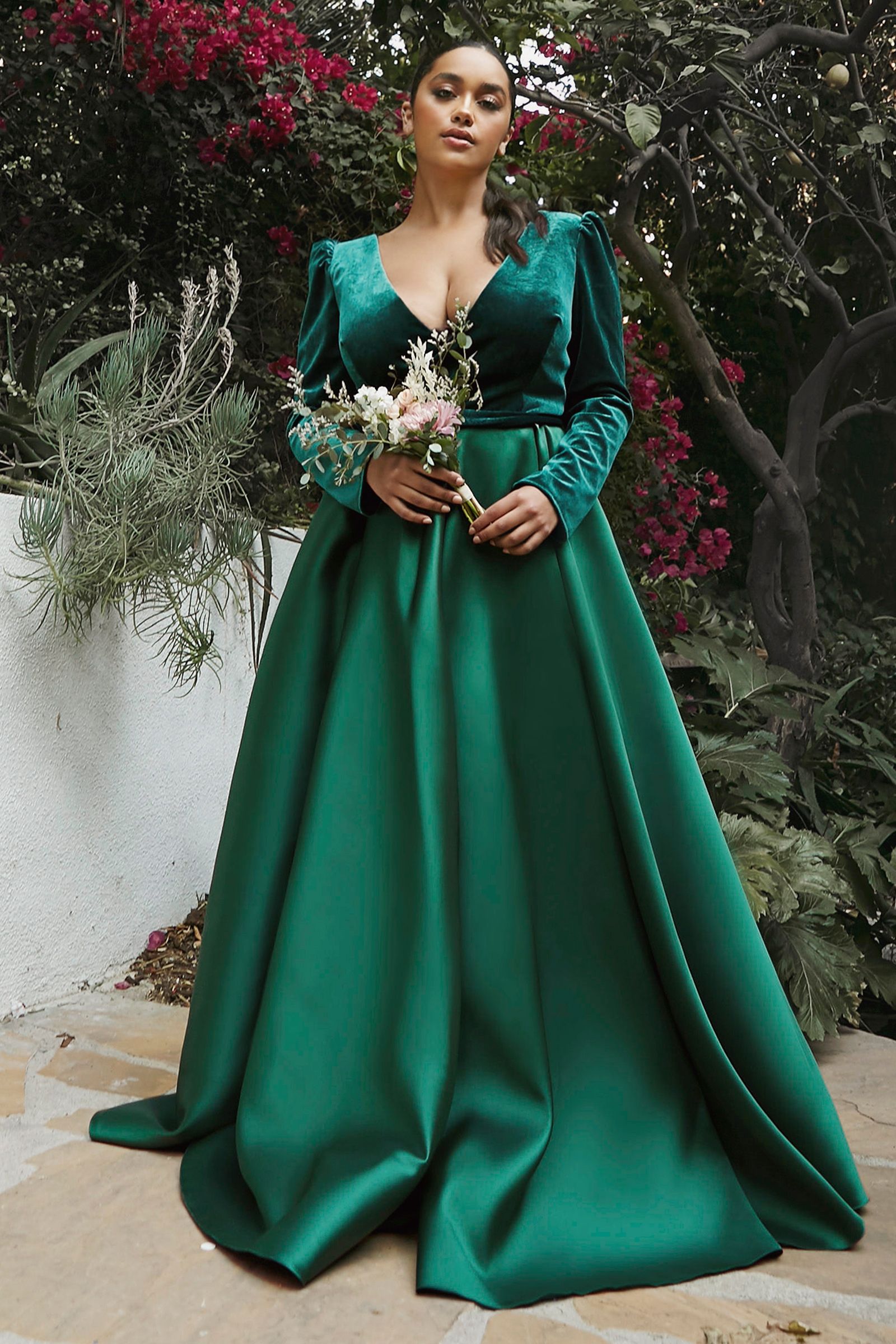 Curve Long sleeves V-neck Fitted Bodice A-line Evening Bridesmaid Trendy Plus Size Dress CDCD226C-1