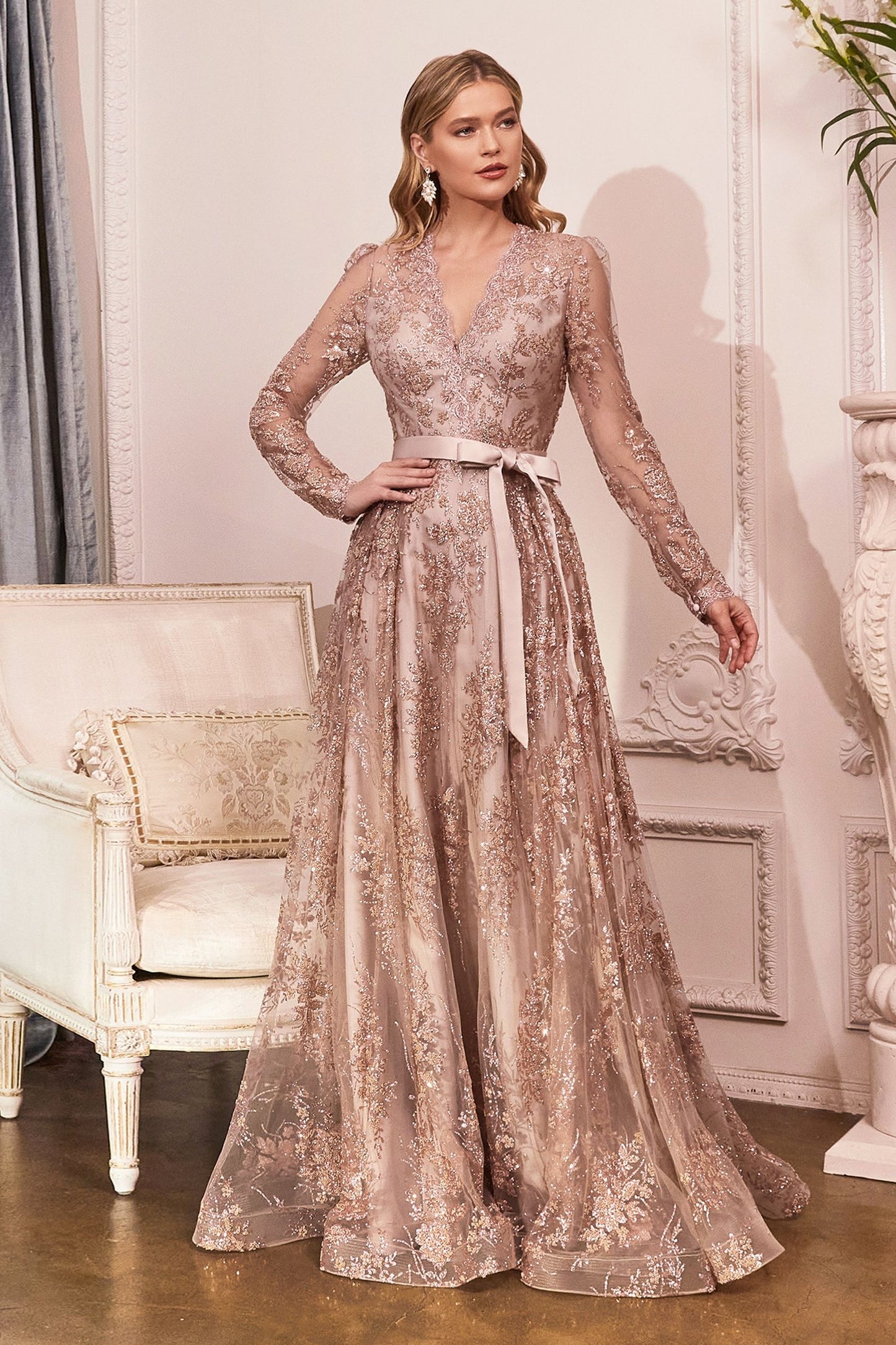 Long Sleeve V-neck Embellished Modest Bodice Glitter Sequin A-line Long Mother of Bride & Bridesmaid Dress CDCD233-2