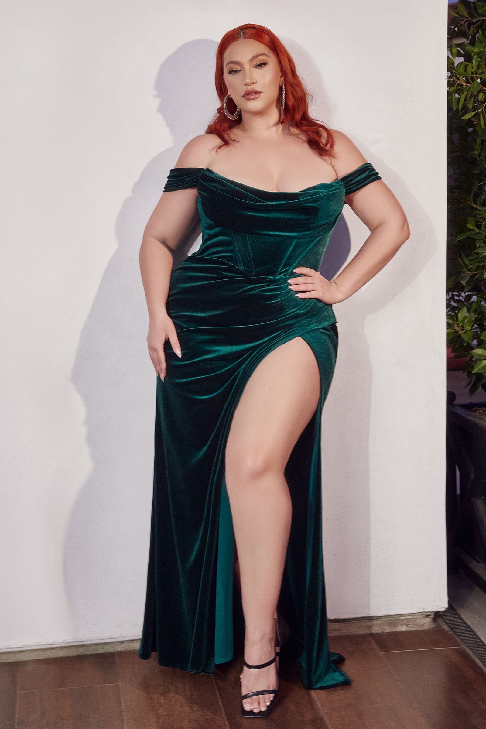 Plus Size Velvet Wrap Effect Cowl Neck Off Shoulder Bodice Mermaid Prom & Bridesmaid Dress CDCD236C-1