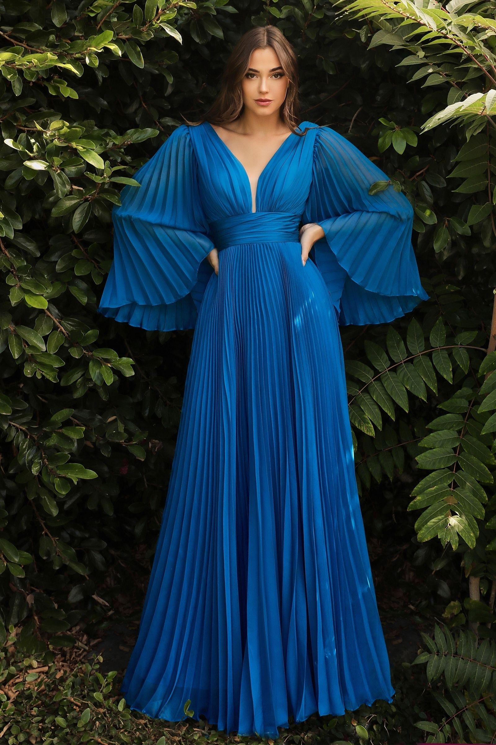 Pleated Chiffon Long Sleeve Gown-5