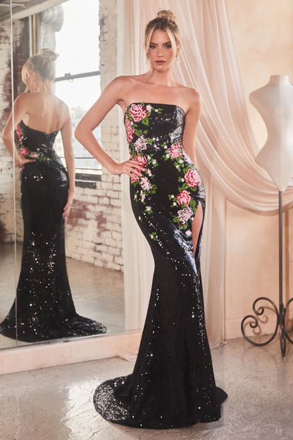 STRAPLESS FLORAL PATTERNED SEQUIN DRESS CDCD811-1