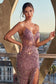 Iridescent Sequin & Lace Sheer Bodice Side Slit Long Evening Dress CDCD840-1