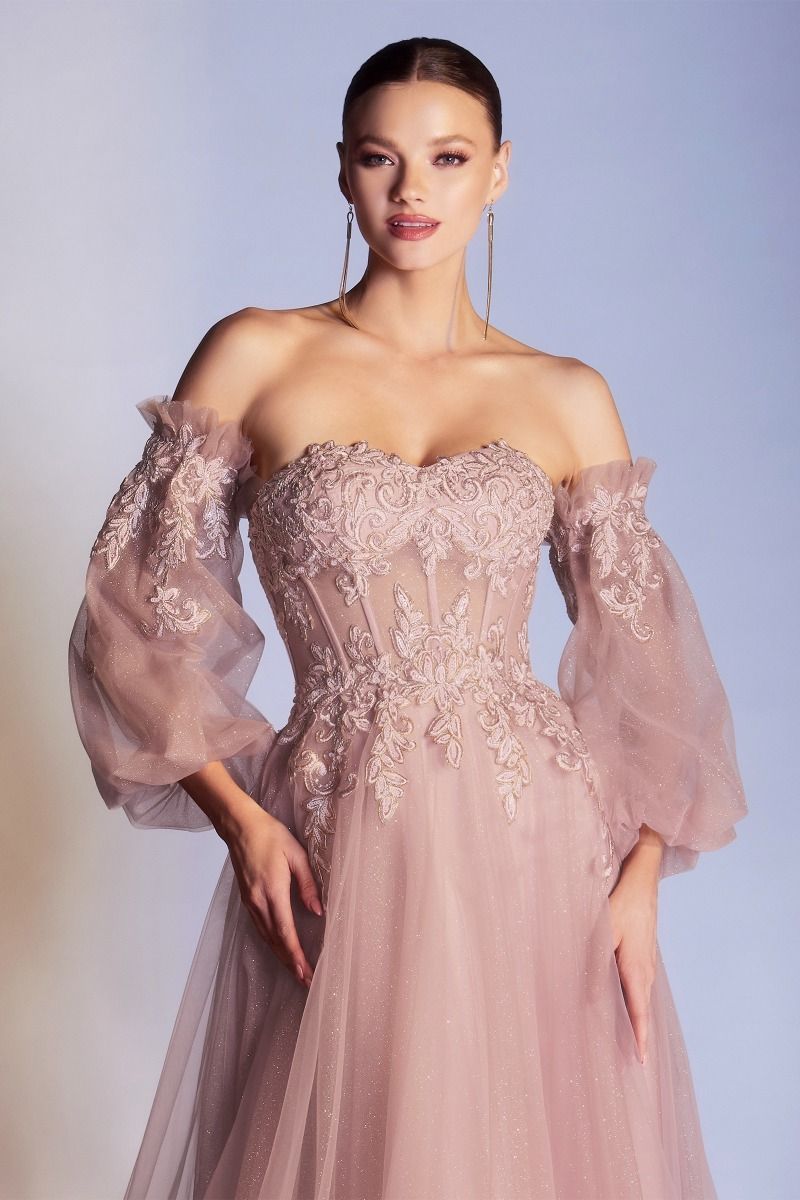 Corset Strapless Vintage Sheer Structured Sweetheart Bodice Appliqué Formal Laced Glittery A-line Prom & Ball Gown CDCD948-3