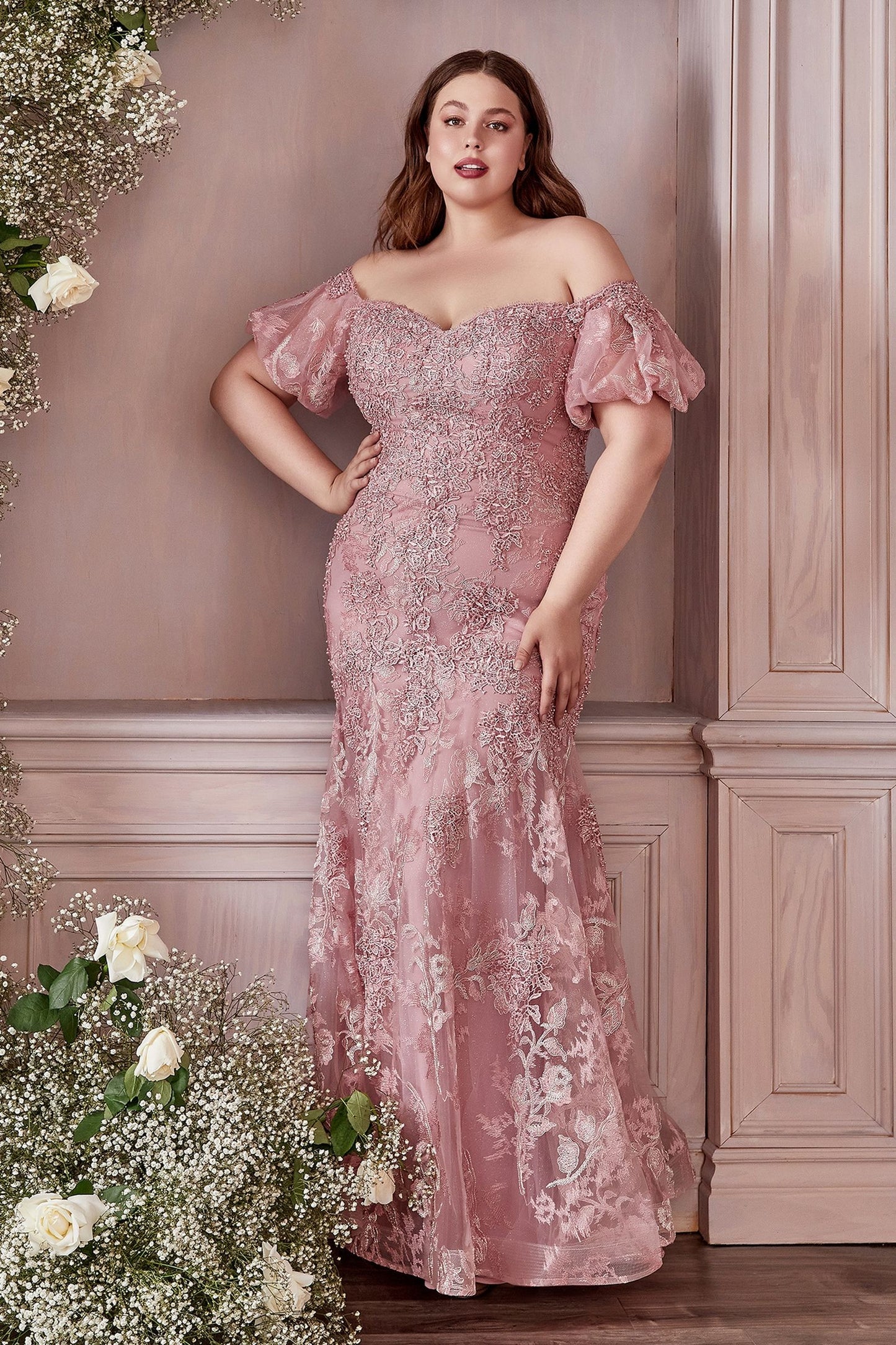 Off Shoulder Mermaid Embroidered with Floral Pattern Short Puff Sleeves Prom & Bridesmaid Dress CDCD959C-1