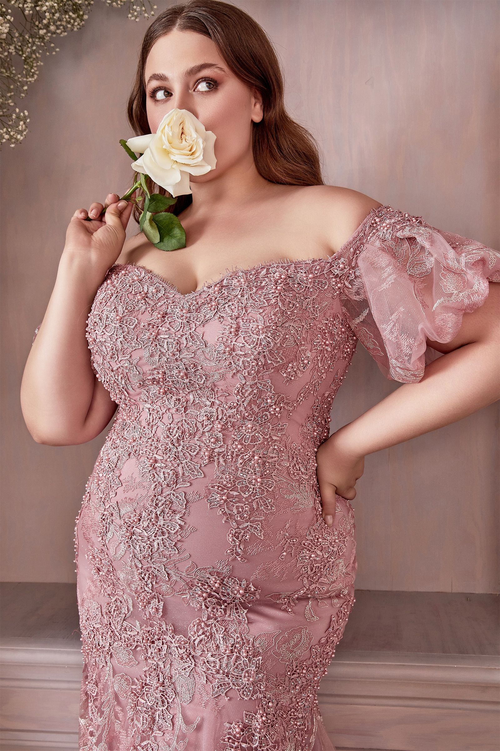 Off Shoulder Mermaid Embroidered with Floral Pattern Short Puff Sleeves Prom & Bridesmaid Dress CDCD959C-2