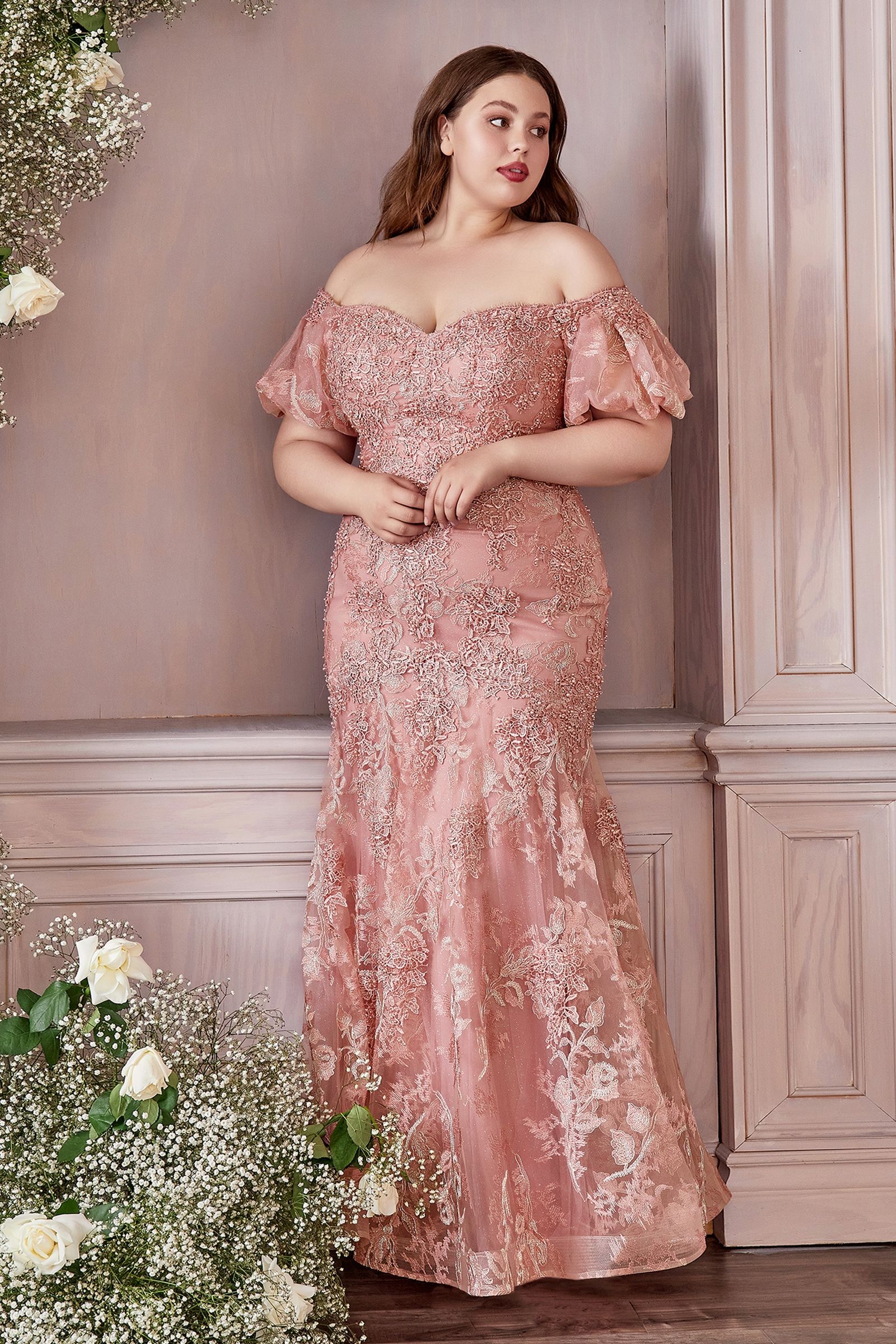 Off Shoulder Mermaid Embroidered with Floral Pattern Short Puff Sleeves Prom & Bridesmaid Dress CDCD959C-3