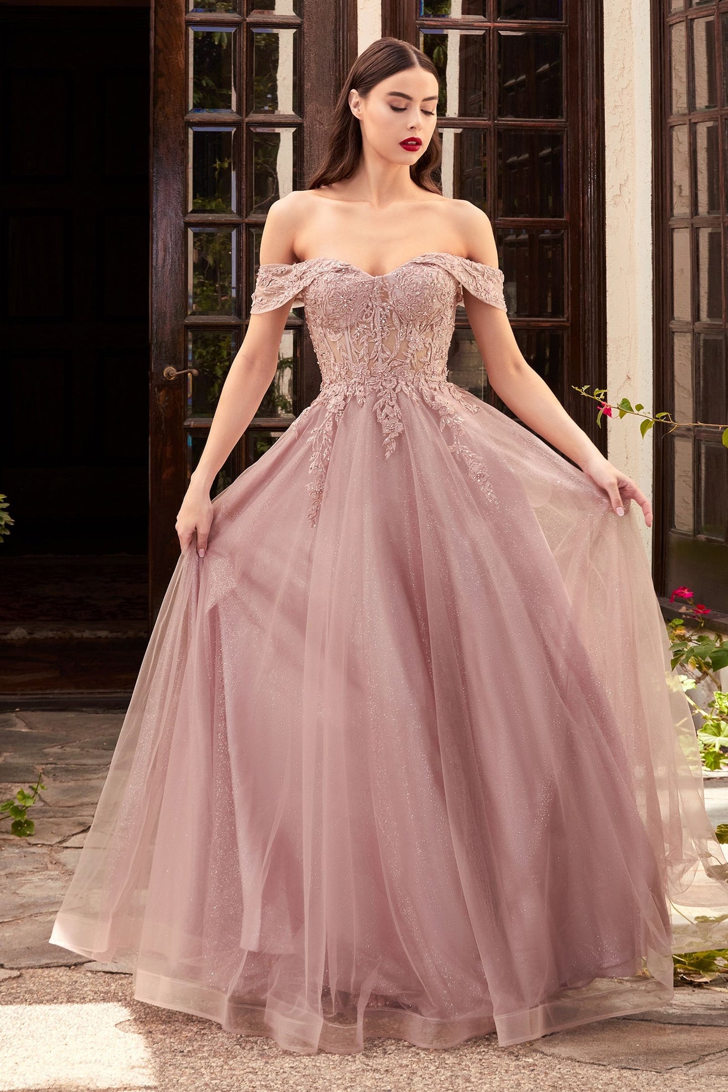 Off Shoulder Embellished Floral Laced Bodice A-line Tulle Skirt Modern Vintage Prom & Bridesmaid Dress CDCD961-1