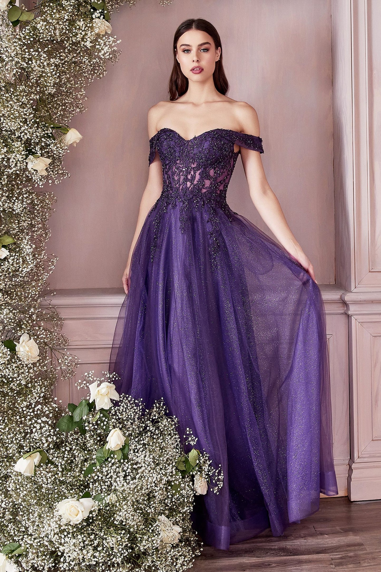 Off Shoulder Embellished Floral Laced Bodice A-line Tulle Skirt Modern Vintage Prom & Bridesmaid Dress CDCD961-2