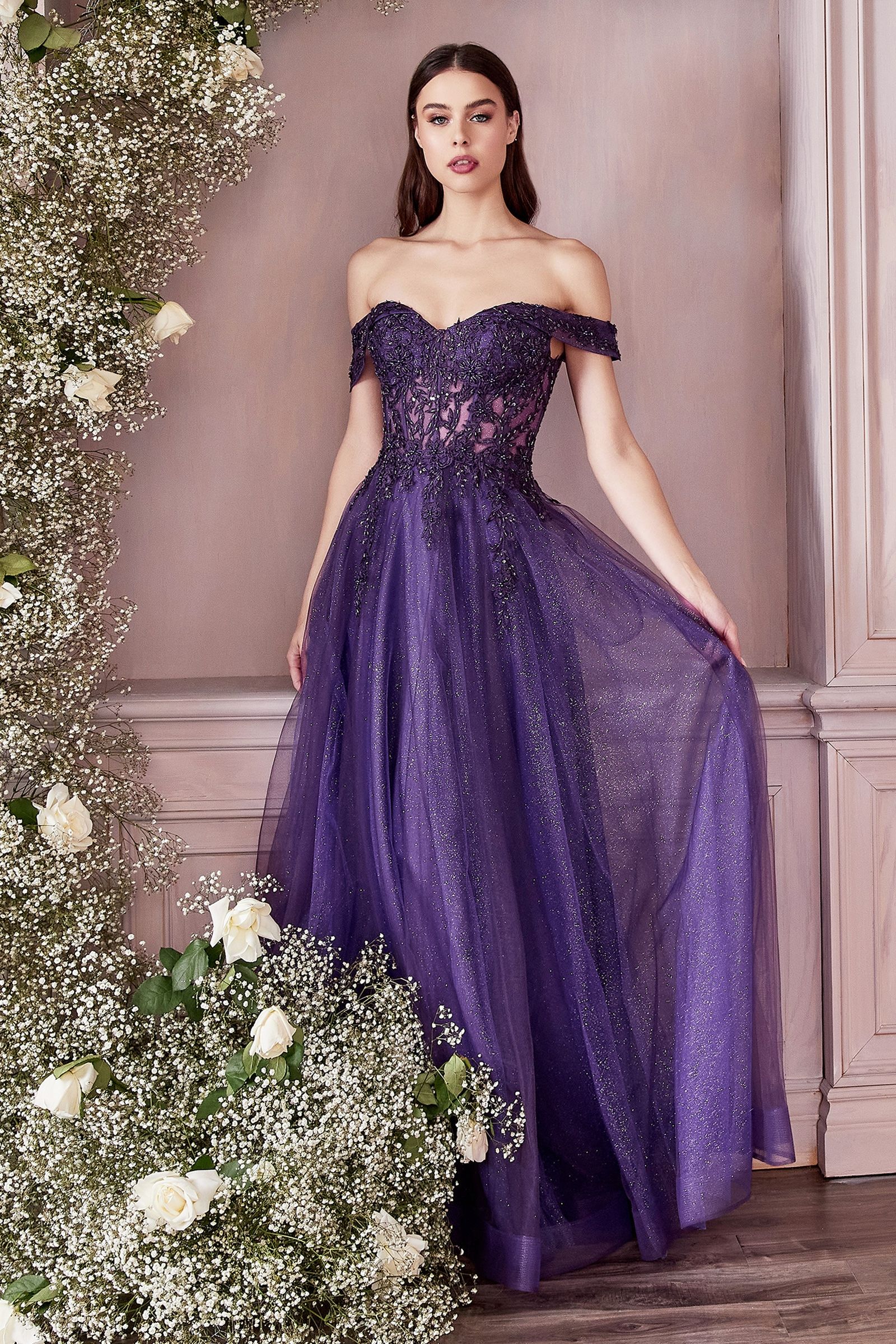 Off Shoulder Embellished Floral Laced Bodice A-line Tulle Skirt Modern Vintage Prom & Bridesmaid Dress CDCD961-2