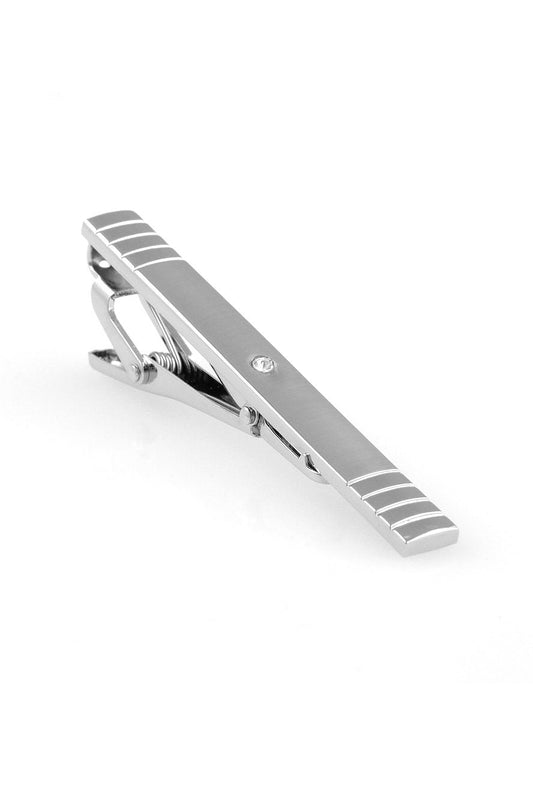 Brushed Silver with Center Crystal Premium Tie Bar-0
