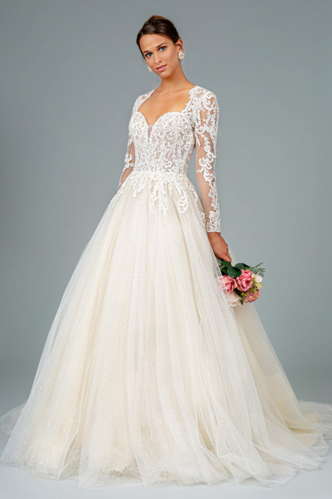 Illusion V-Neck Embroidered Mesh Wedding Gown w/ Sequin Lining-6