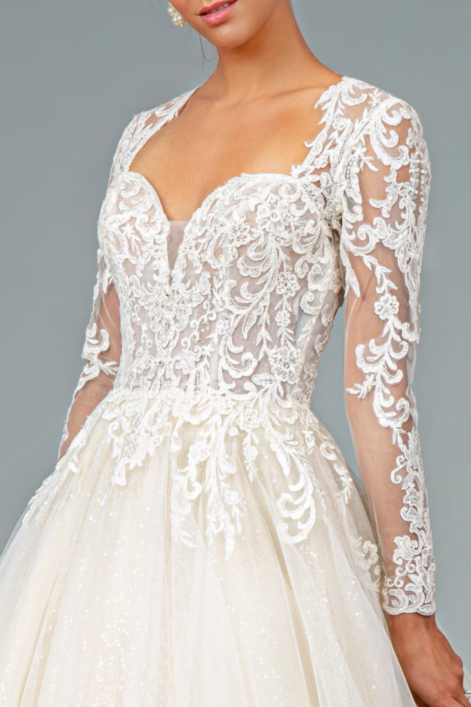 Illusion V-Neck Embroidered Mesh Wedding Gown w/ Sequin Lining-5