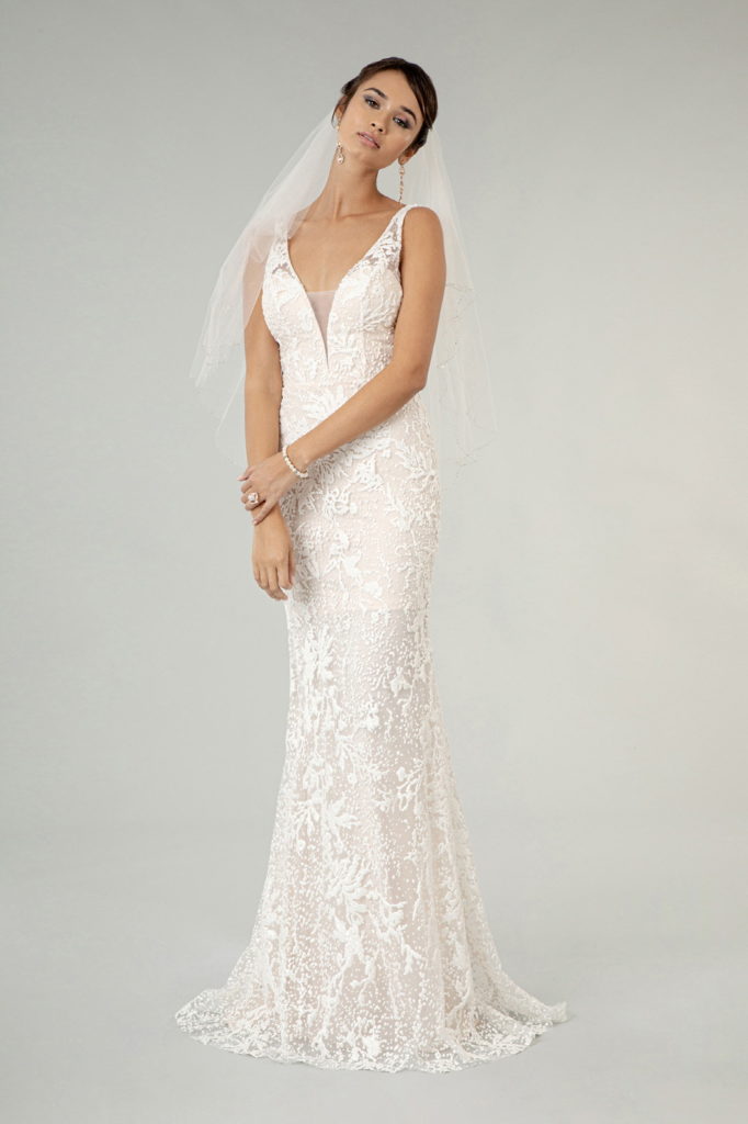 Illusion V-Neck Sheer Side and Back Mermaid Wedding Gown w/ Detachable Mesh Layer - Mask Not Included-6
