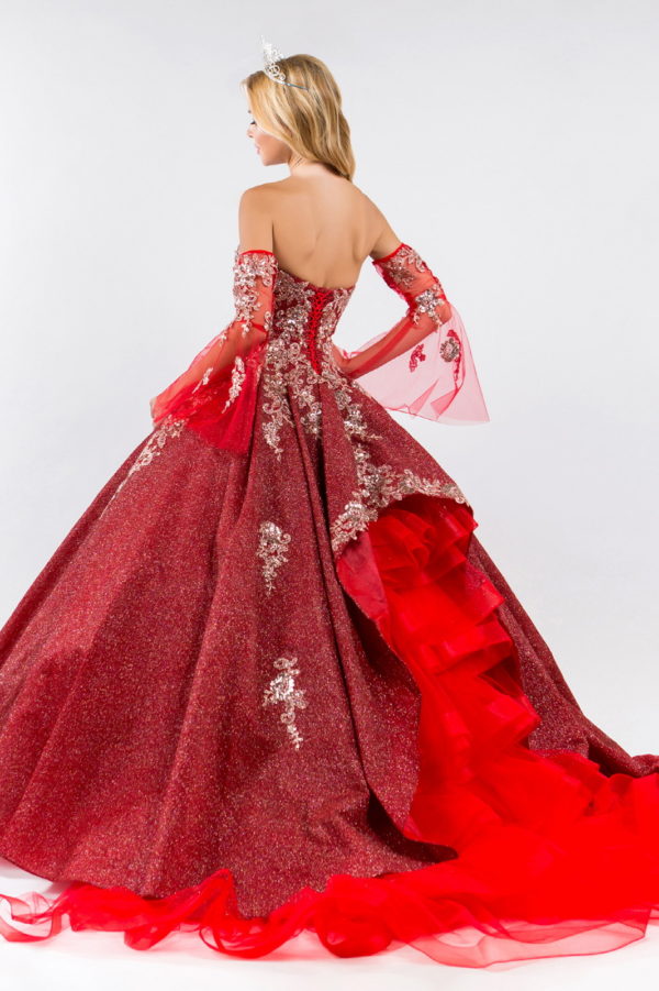 Sweethearted Ruffle Tail Quinceanera Dress w/ Detached Mesh Sleeve - Mask Not Included-8