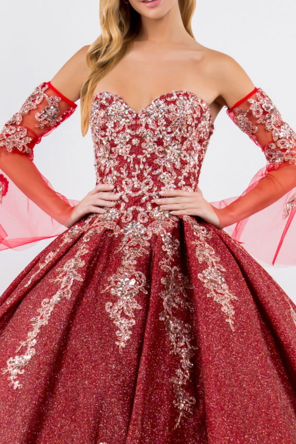 Sweethearted Ruffle Tail Quinceanera Dress w/ Detached Mesh Sleeve - Mask Not Included-9