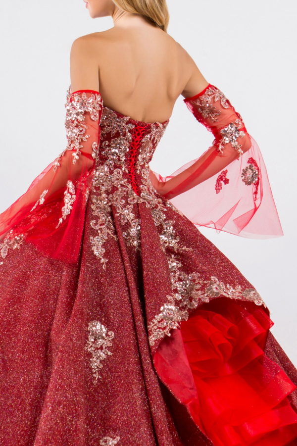 Sweethearted Ruffle Tail Quinceanera Dress w/ Detached Mesh Sleeve - Mask Not Included-10
