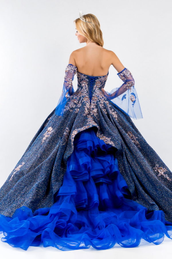 Sweethearted Ruffle Tail Quinceanera Dress w/ Detached Mesh Sleeve - Mask Not Included-12