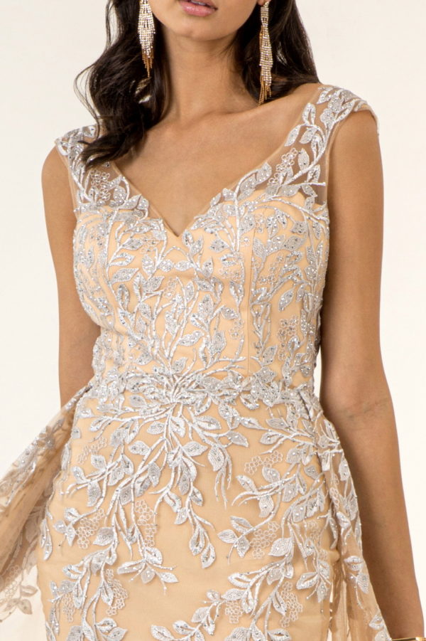 V-Neck Floral Embroidery Embellished Mesh A-Line Dress w/ Sheer Back - Mask Not Included-5