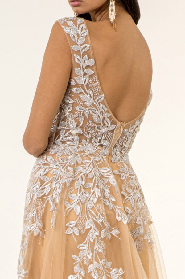 V-Neck Floral Embroidery Embellished Mesh A-Line Dress w/ Sheer Back - Mask Not Included-6