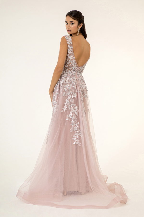V-Neck Floral Embroidery Embellished Mesh A-Line Dress w/ Sheer Back - Mask Not Included-7