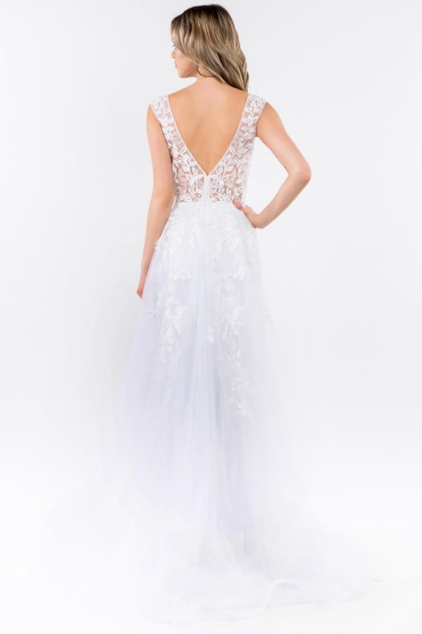 V-Neck Floral Embroidery Embellished Mesh A-Line Dress w/ Sheer Back - Mask Not Included-9