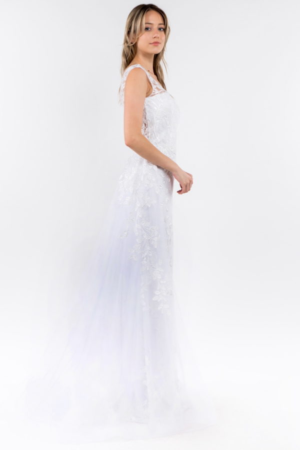 V-Neck Floral Embroidery Embellished Mesh A-Line Dress w/ Sheer Back - Mask Not Included-10
