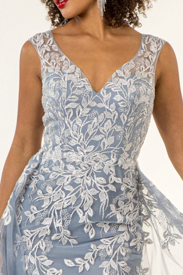 V-Neck Floral Embroidery Embellished Mesh A-Line Dress w/ Sheer Back - Mask Not Included-13