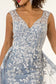 V-Neck Floral Embroidery Embellished Mesh A-Line Dress w/ Sheer Back - Mask Not Included-13