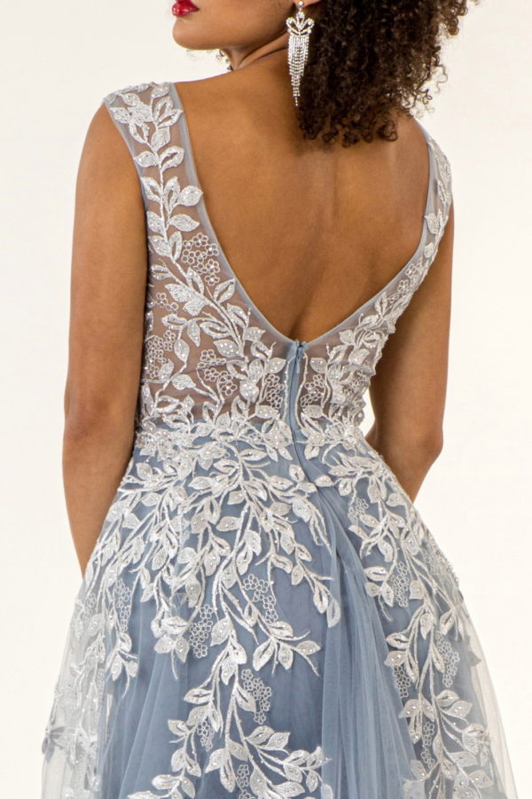 V-Neck Floral Embroidery Embellished Mesh A-Line Dress w/ Sheer Back - Mask Not Included-14