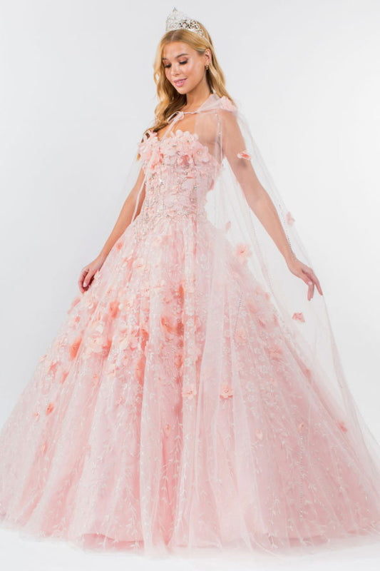Sweetheart Neckline Beads and Jewel Embellished Bodice Quinceanera Dress w/ Mesh Cape-9
