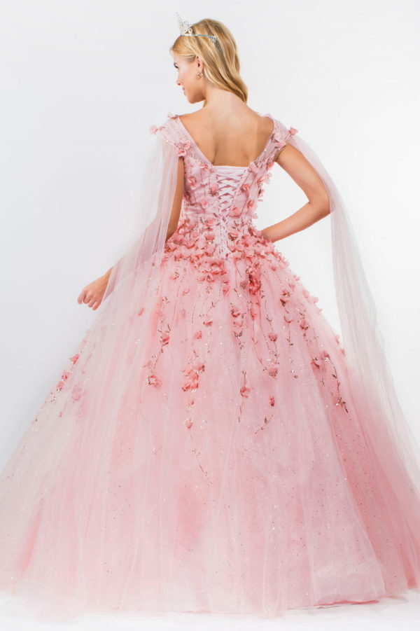 3D Floral Applique Glitter Mesh Quinceanera Dress w/ Detachable Cape Sleeve-8