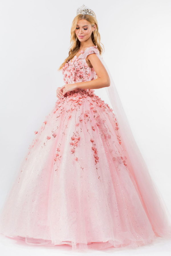 3D Floral Applique Glitter Mesh Quinceanera Dress w/ Detachable Cape Sleeve-9