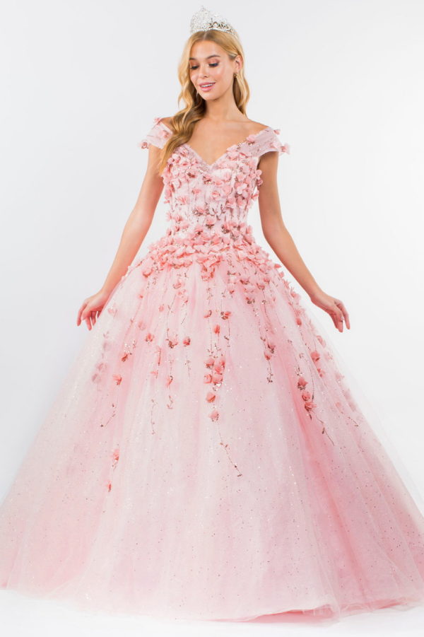 3D Floral Applique Glitter Mesh Quinceanera Dress w/ Detachable Cape Sleeve-10