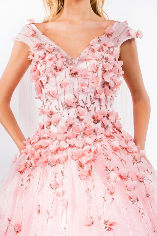3D Floral Applique Glitter Mesh Quinceanera Dress w/ Detachable Cape Sleeve-11