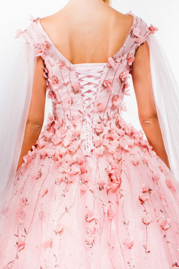 3D Floral Applique Glitter Mesh Quinceanera Dress w/ Detachable Cape Sleeve-12