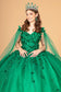 3D Floral Applique Glitter Mesh Quinceanera Dress w/ Detachable Cape Sleeve-2