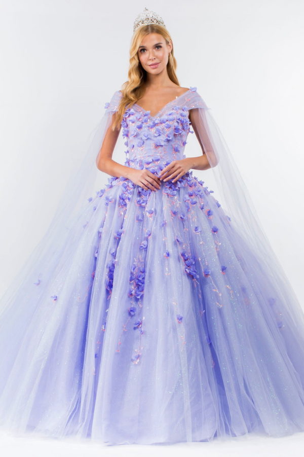 3D Floral Applique Glitter Mesh Quinceanera Dress w/ Detachable Cape Sleeve-13
