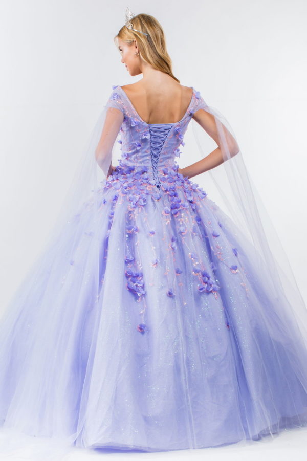 3D Floral Applique Glitter Mesh Quinceanera Dress w/ Detachable Cape Sleeve-14