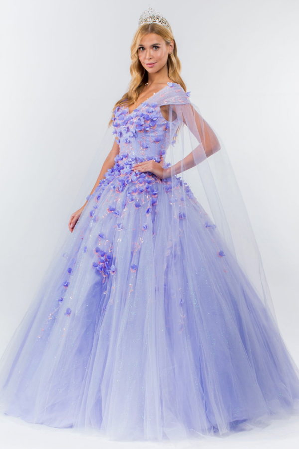 3D Floral Applique Glitter Mesh Quinceanera Dress w/ Detachable Cape Sleeve-15
