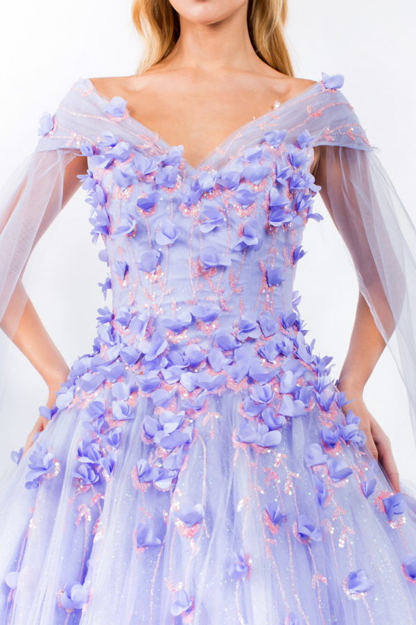3D Floral Applique Glitter Mesh Quinceanera Dress w/ Detachable Cape Sleeve-16