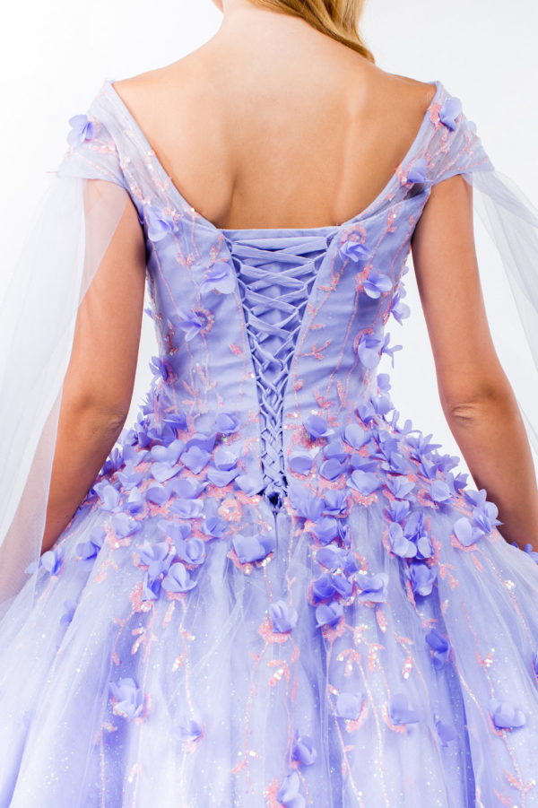 3D Floral Applique Glitter Mesh Quinceanera Dress w/ Detachable Cape Sleeve-17