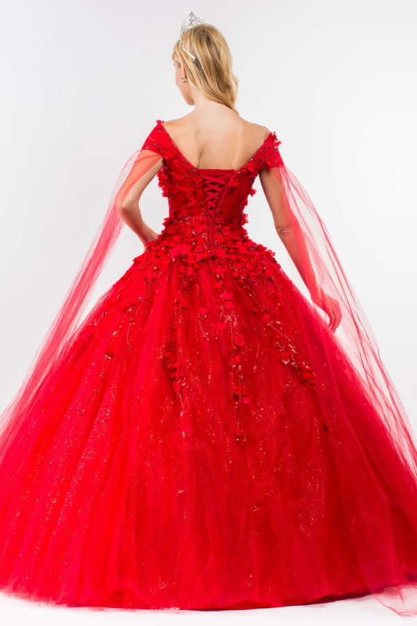 3D Floral Applique Glitter Mesh Quinceanera Dress w/ Detachable Cape Sleeve-5