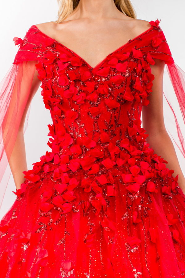 3D Floral Applique Glitter Mesh Quinceanera Dress w/ Detachable Cape Sleeve-6