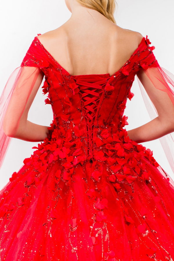 3D Floral Applique Glitter Mesh Quinceanera Dress w/ Detachable Cape Sleeve-7
