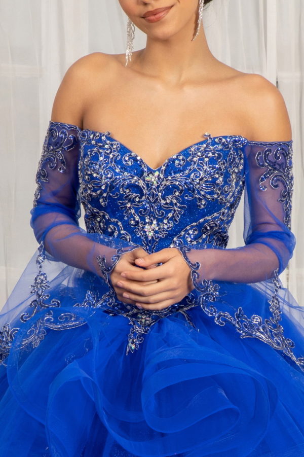 Sweetheart Cut-Away Shoulder Quinceanera Dress w/ Mesh Long Sleeves-6