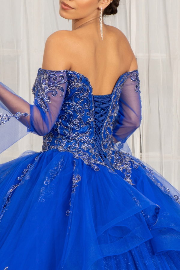 Sweetheart Cut-Away Shoulder Quinceanera Dress w/ Mesh Long Sleeves-7
