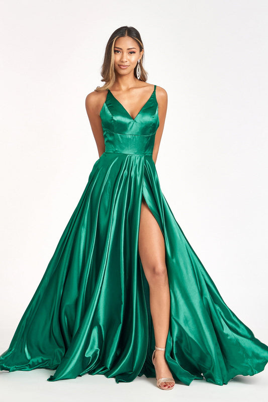V-Neck Spaghetti Strap A-Line Satin Long Dress-0