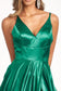 V-Neck Spaghetti Strap A-Line Satin Long Dress-5